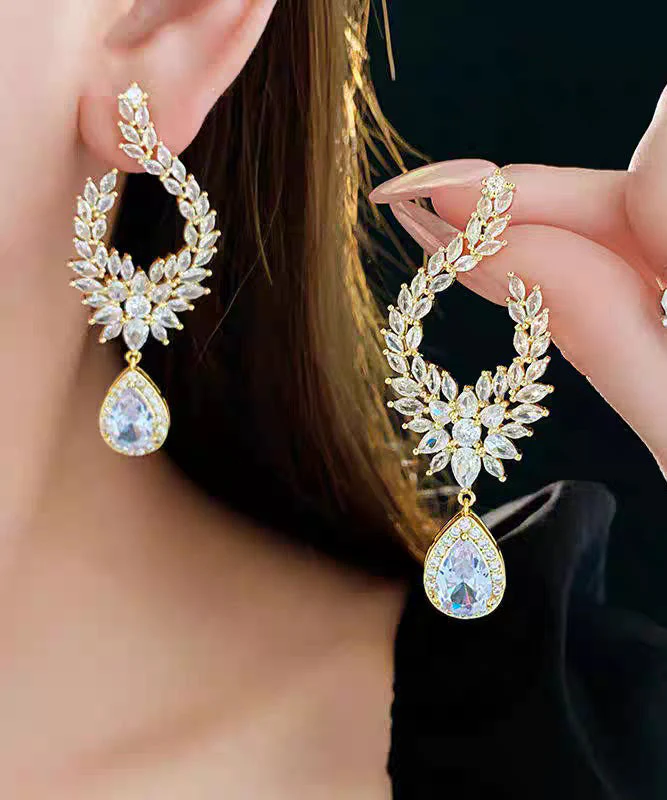 Fashion Gold Copper Overgild Zircon Leaf Water Droplet Drop Earrings - Image 3