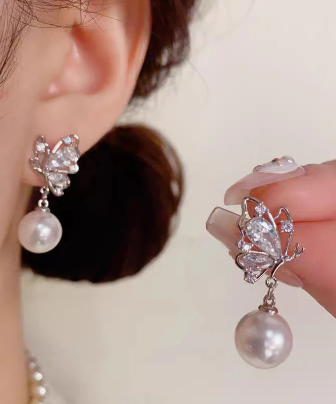 Fashion Gold Copper Overgild Zircon Pearl Butterfly Drop Earrings - Image 2