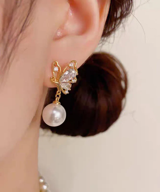 Fashion Gold Copper Overgild Zircon Pearl Butterfly Drop Earrings - Image 3