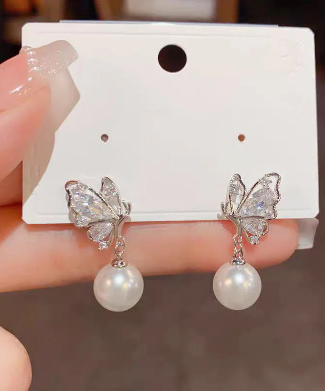Fashion Gold Copper Overgild Zircon Pearl Butterfly Drop Earrings - Image 4