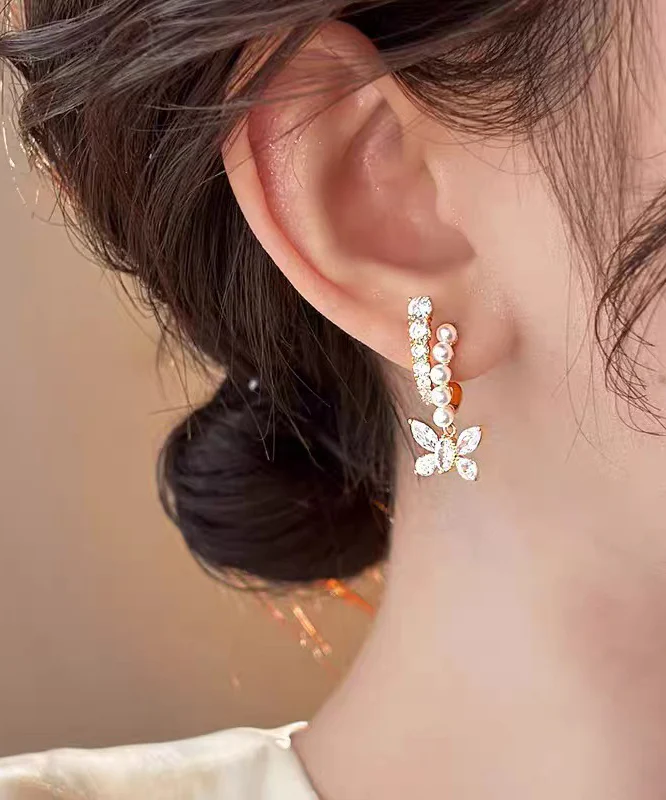 Fashion Gold Copper Overgild Zircon Pearl Butterfly Hoop Earrings - Image 3
