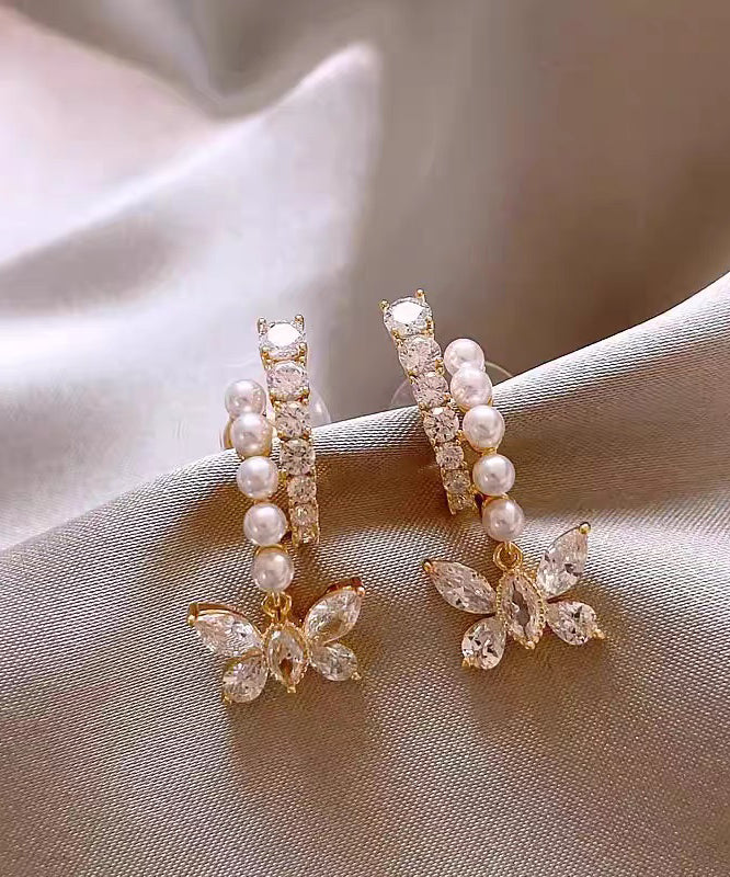 Fashion Gold Copper Overgild Zircon Pearl Butterfly Hoop Earrings - Image 4