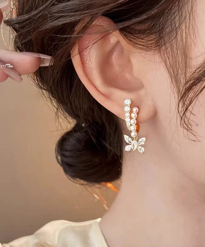 Fashion Gold Copper Overgild Zircon Pearl Butterfly Hoop Earrings - Image 5