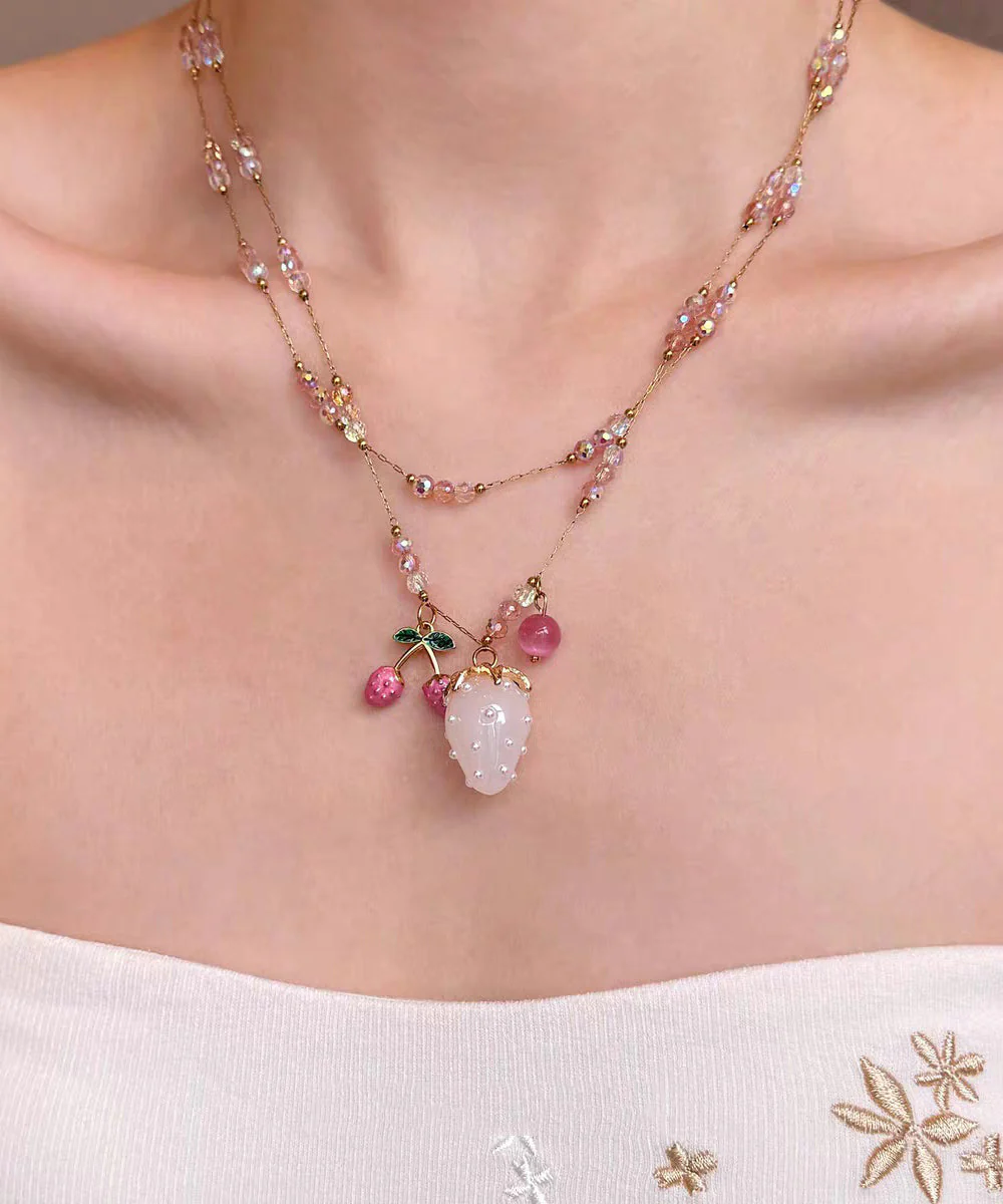 Fashion Gold Sterling Silver Overgild Floral Cherry Jade Pendant Necklace Two-Piece Set - Image 2