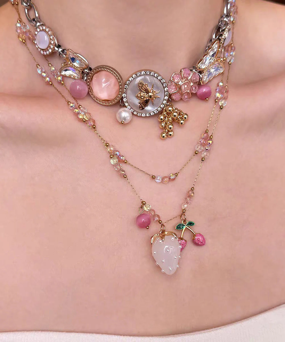 Fashion Gold Sterling Silver Overgild Floral Cherry Jade Pendant Necklace Two-Piece Set - Image 3