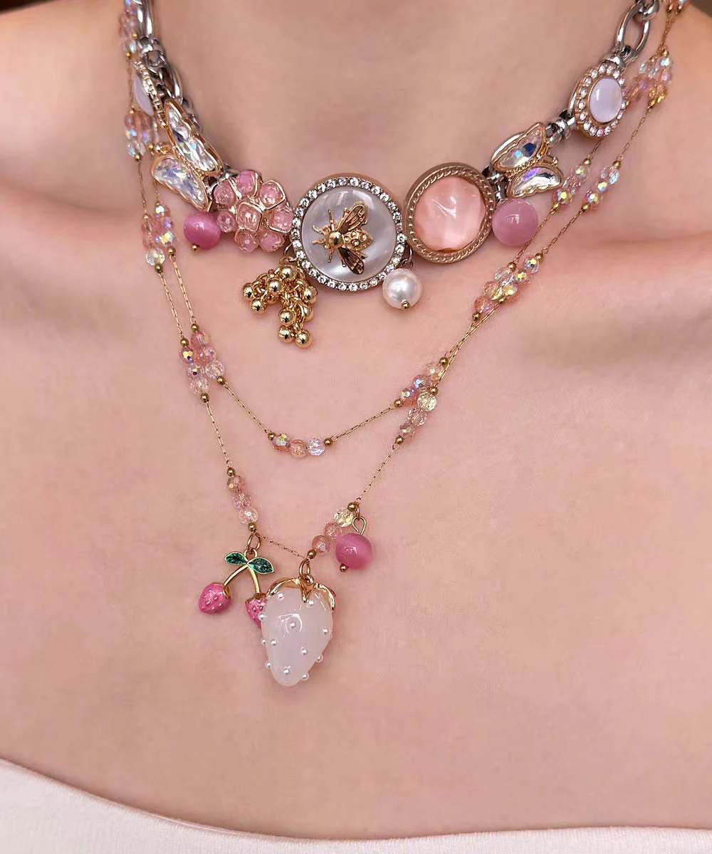 Fashion Gold Sterling Silver Overgild Floral Cherry Jade Pendant Necklace Two-Piece Set - Image 5
