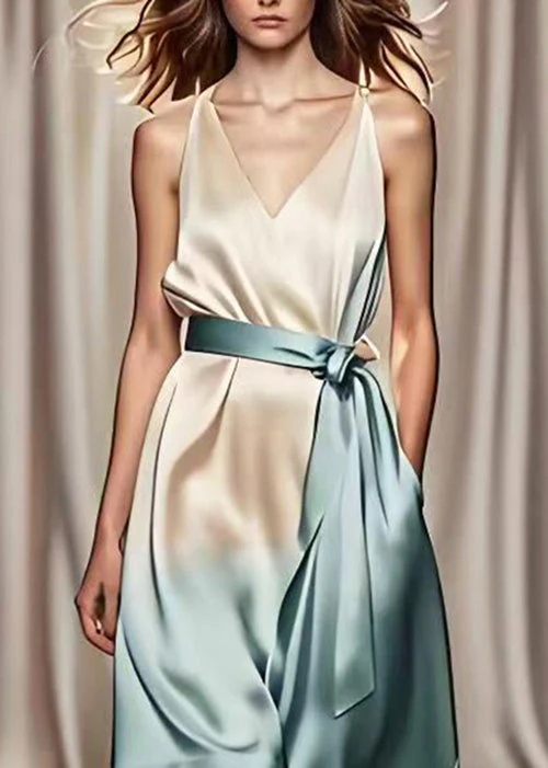 Fashion Gradient Color Tie Waist Draping Silk Maxi Dresses Summer - Image 3