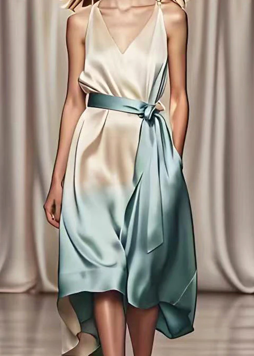Fashion Gradient Color Tie Waist Draping Silk Maxi Dresses Summer - Image 4