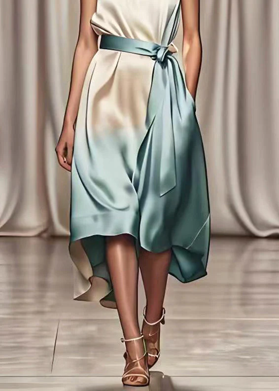 Fashion Gradient Color Tie Waist Draping Silk Maxi Dresses Summer - Image 5