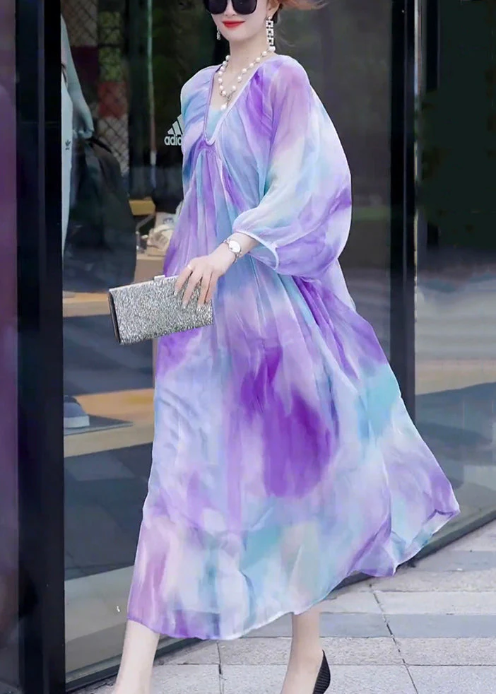 Fashion Gradient Color V Neck Print Wrinkled Chiffon Dress Long Sleeve - Image 3