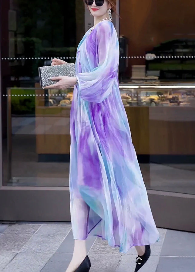 Fashion Gradient Color V Neck Print Wrinkled Chiffon Dress Long Sleeve - Image 4