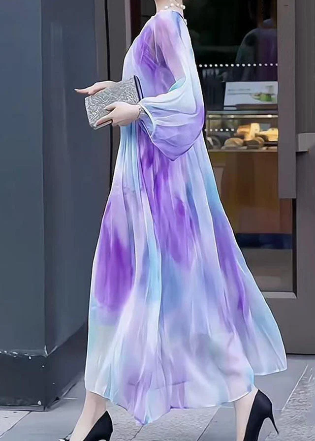Fashion Gradient Color V Neck Print Wrinkled Chiffon Dress Long Sleeve - Image 5