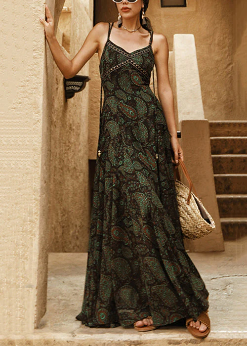 Fashion Green Backless Print Lace Up Chiffon Spaghetti Strap Dress Sleeveless - Image 2
