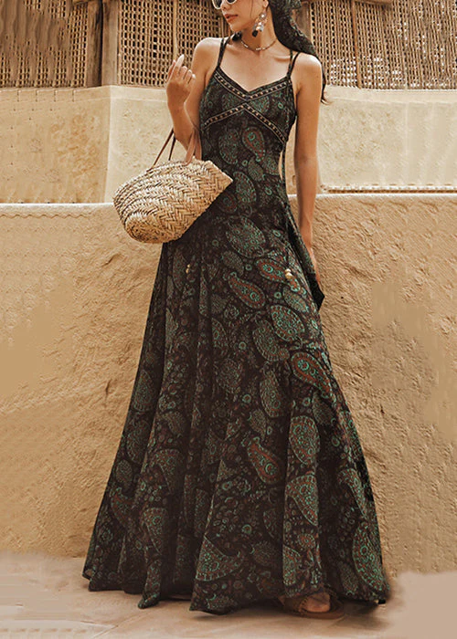 Fashion Green Backless Print Lace Up Chiffon Spaghetti Strap Dress Sleeveless - Image 3