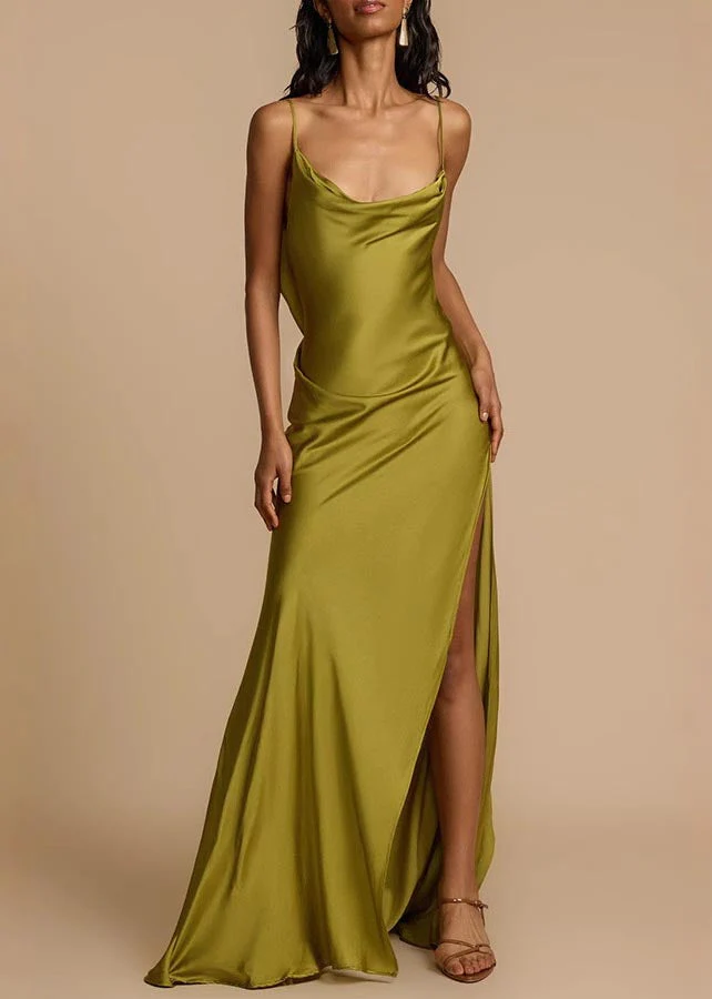 Fashion Green Backless Side Open Silk Cami Dress Summer - Image 2