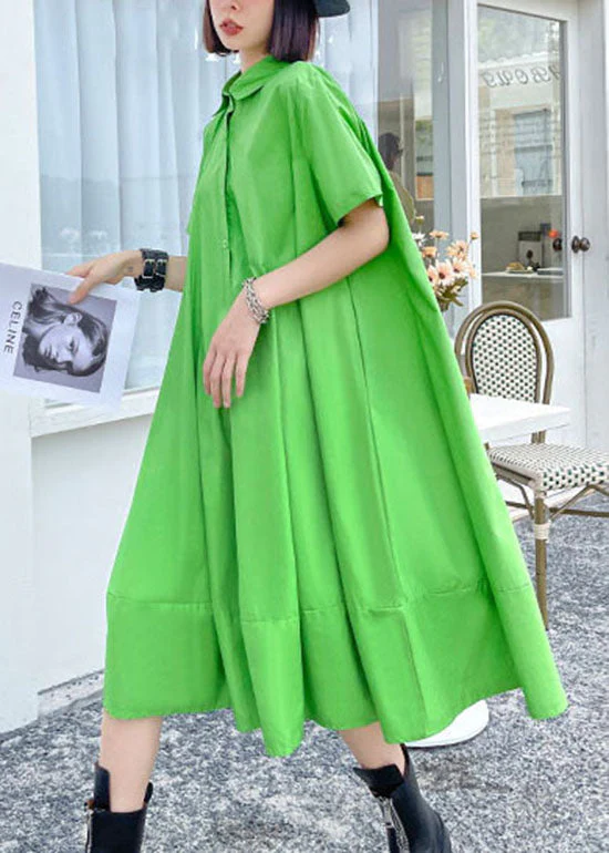 Fashion Green button Peter Pan Collar a line Dress Short Sleeve - Image 3