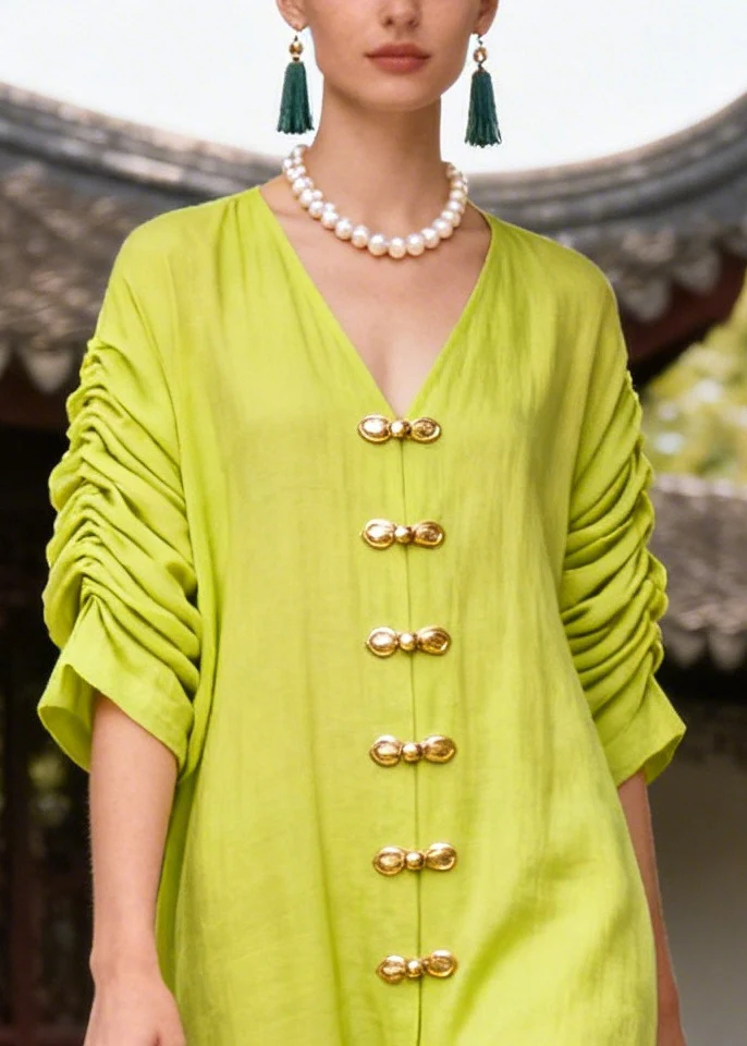Fashion Green Chinese Button Wrinkled Cotton Vacation Dresses Summer - Image 2