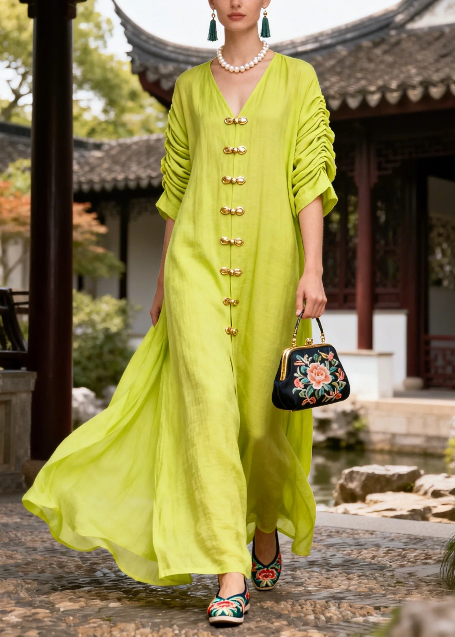 Fashion Green Chinese Button Wrinkled Cotton Vacation Dresses Summer - Image 3