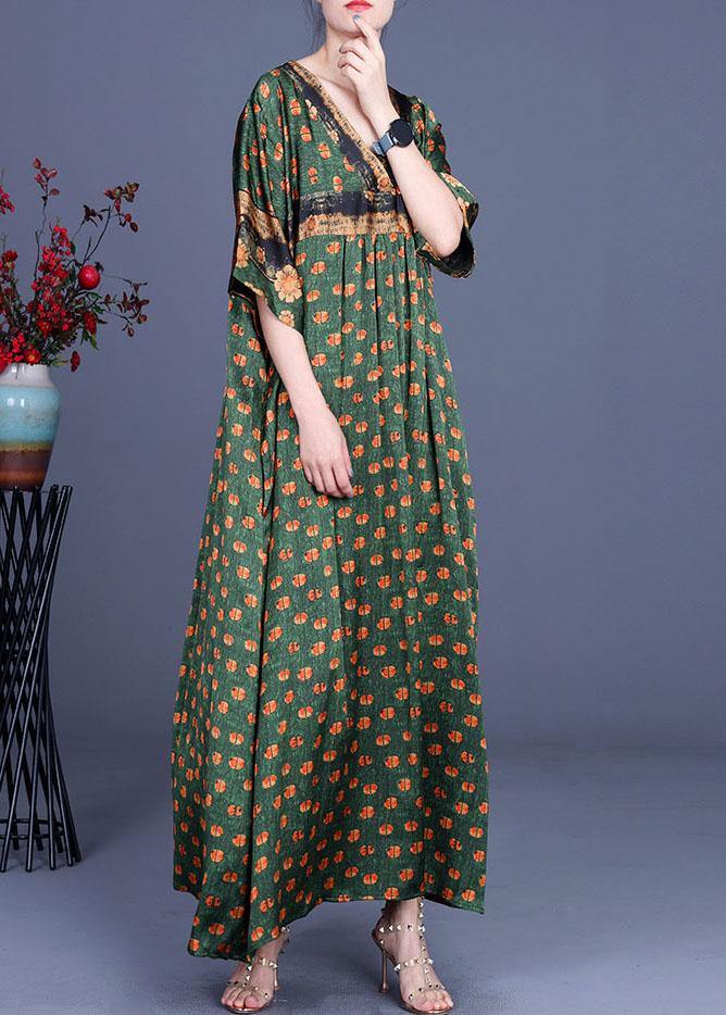 Fashion Green Dot Silk Patchwork V Neck Dress Summer - Image 2
