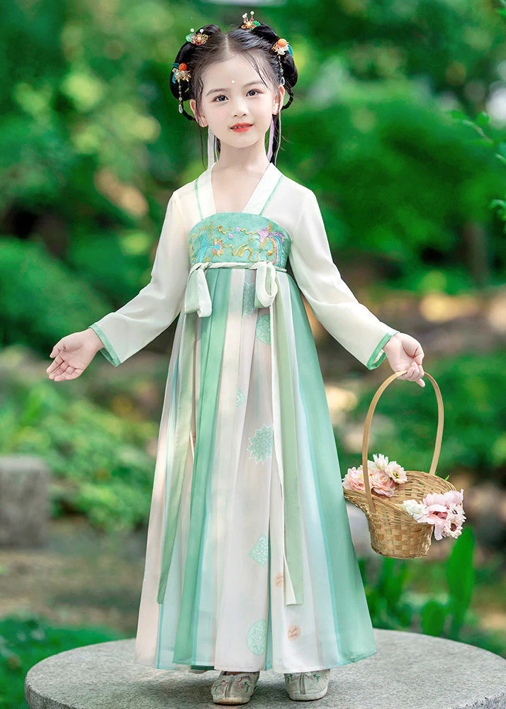 Fashion Green Embroideried Patchwork Tie Waist Kids Girls Long Dress Long Sleeve - Image 2