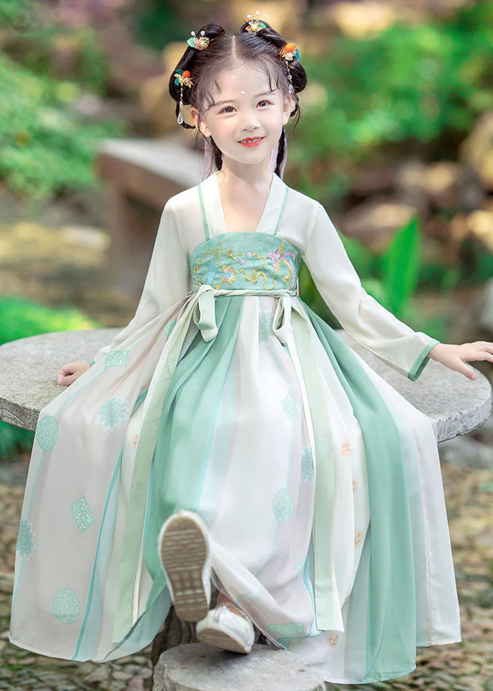 Fashion Green Embroideried Patchwork Tie Waist Kids Girls Long Dress Long Sleeve - Image 3