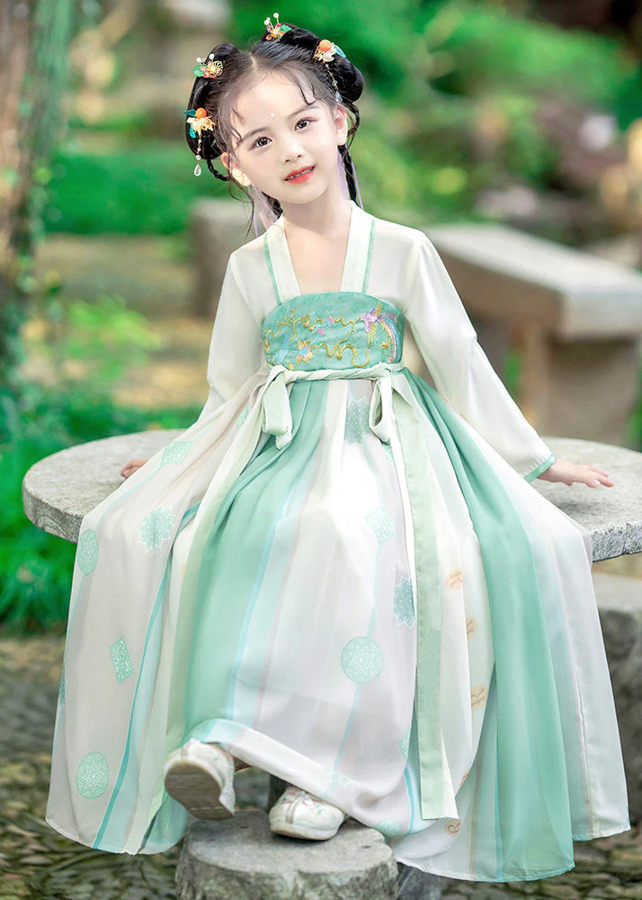 Fashion Green Embroideried Patchwork Tie Waist Kids Girls Long Dress Long Sleeve - Image 4