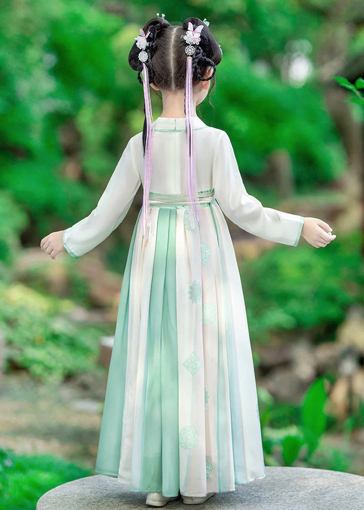 Fashion Green Embroideried Patchwork Tie Waist Kids Girls Long Dress Long Sleeve - Image 5