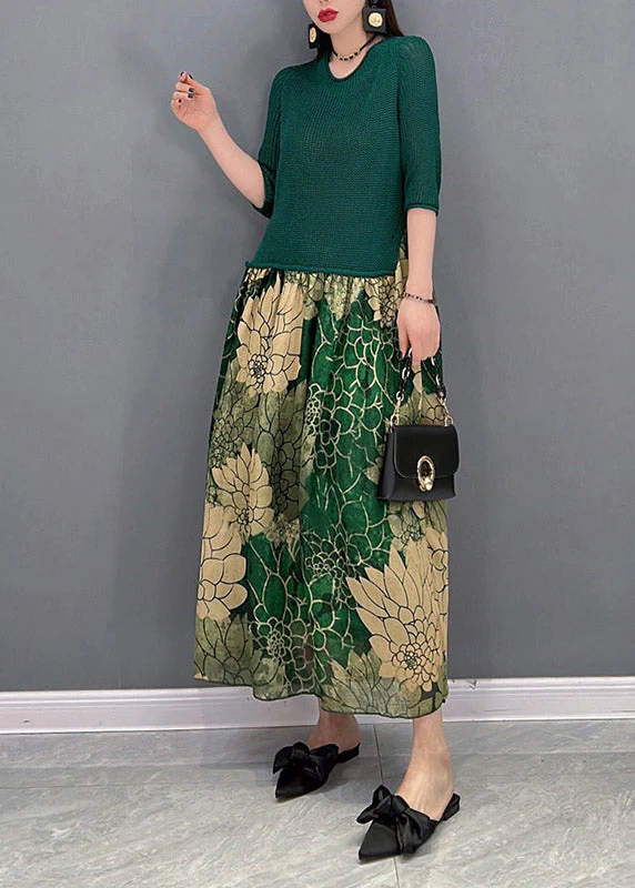 Fashion Green O-Neck Chiffon Patchwork Print Knit Long Dress Half Sleeve - Image 2