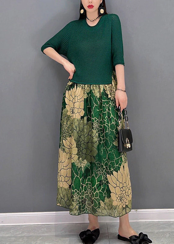 Fashion Green O-Neck Chiffon Patchwork Print Knit Long Dress Half Sleeve - Image 3