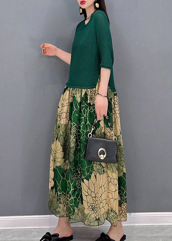 Fashion Green O-Neck Chiffon Patchwork Print Knit Long Dress Half Sleeve - Image 4