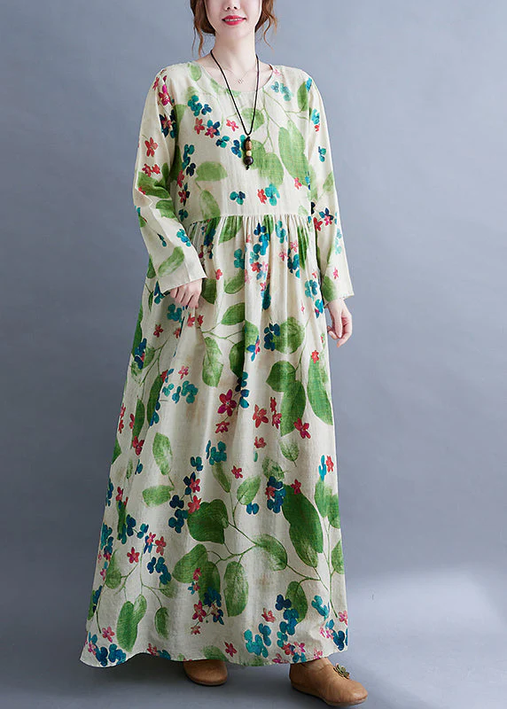 Fashion Green O-Neck Cinched Print Long Dress Long Sleeve - Image 2