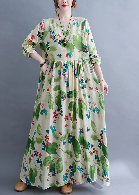 Fashion Green O-Neck Cinched Print Long Dress Long Sleeve - Image 3