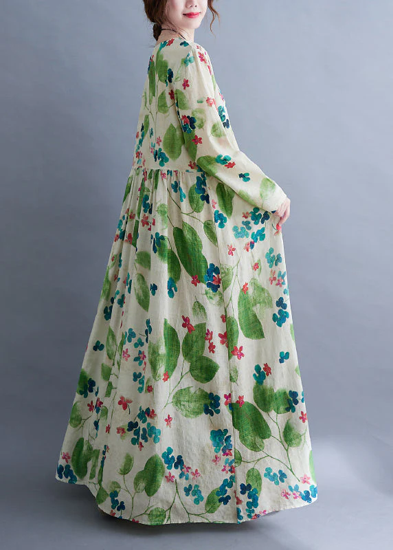 Fashion Green O-Neck Cinched Print Long Dress Long Sleeve - Image 4