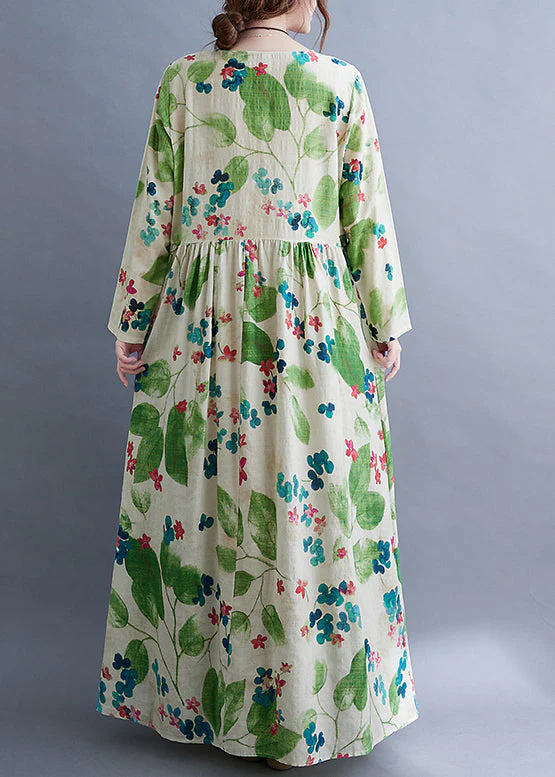 Fashion Green O-Neck Cinched Print Long Dress Long Sleeve - Image 5