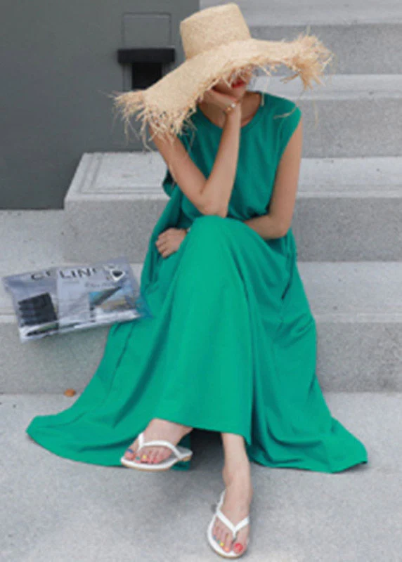 Fashion Green O-Neck Cotton Spaghetti Strap Dress Sleeveless - Image 2