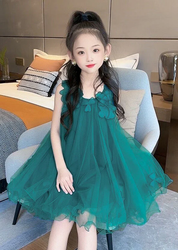 Fashion Green O-Neck Floral Layered Tulle Kids Long Dress Sleeveless - Image 2