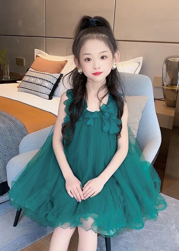 Fashion Green O-Neck Floral Layered Tulle Kids Long Dress Sleeveless - Image 3