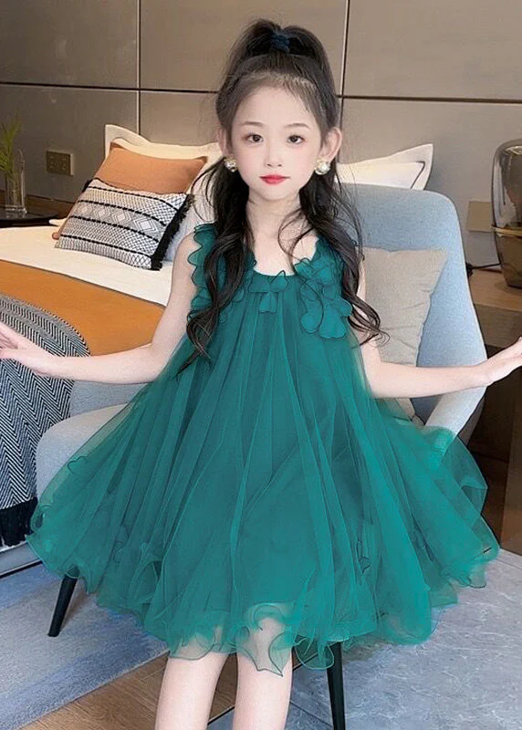 Fashion Green O-Neck Floral Layered Tulle Kids Long Dress Sleeveless - Image 4