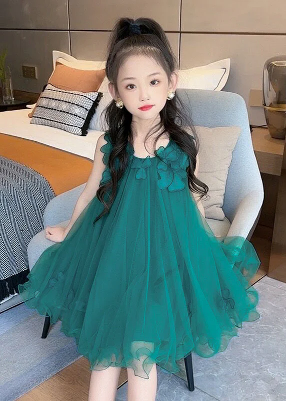 Fashion Green O-Neck Floral Layered Tulle Kids Long Dress Sleeveless - Image 5