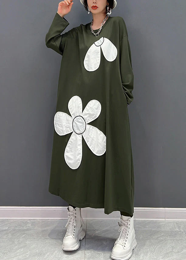 Fashion Green O-Neck Floral Maxi Dresses Spring - Image 2