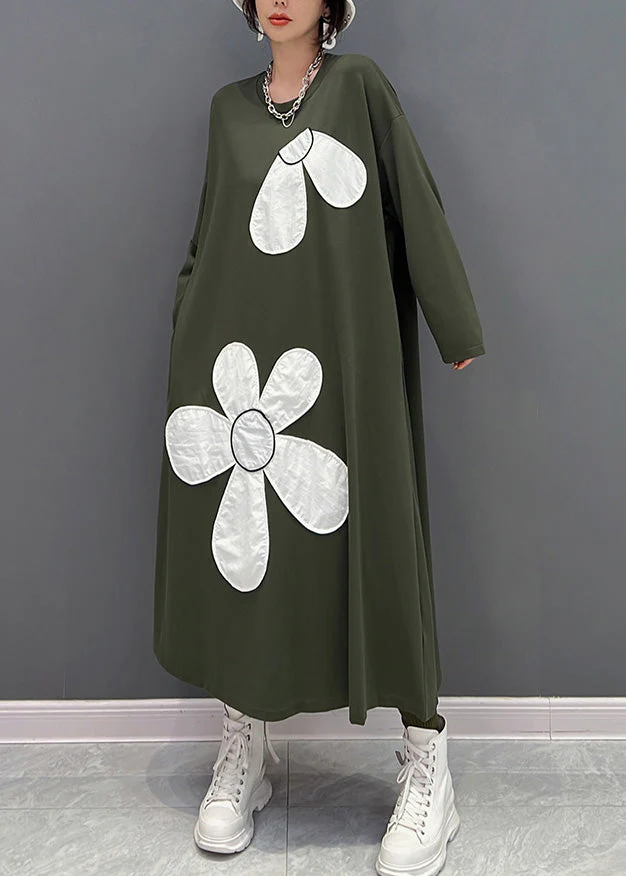 Fashion Green O-Neck Floral Maxi Dresses Spring - Image 3