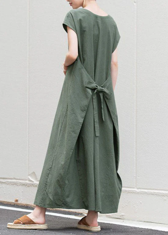 Fashion Green O Neck Patchwork Cotton Dress Short Sleeve - Image 2