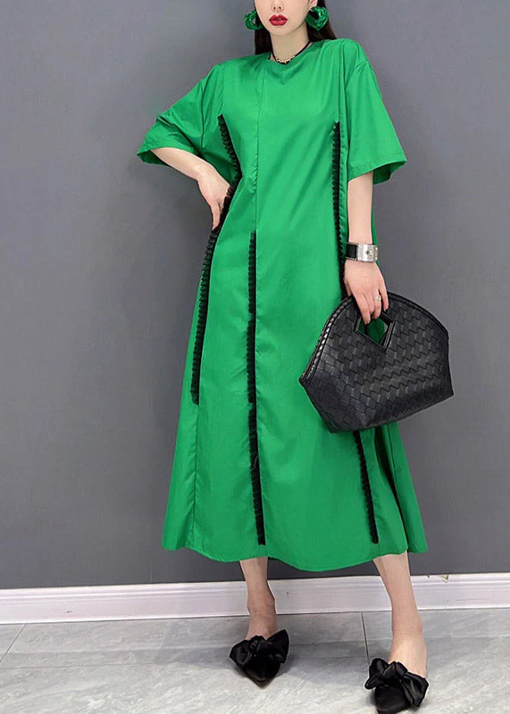 Fashion Green O-Neck Ruffled Patchwork Pockets Long Dress Short Sleeve - Image 2