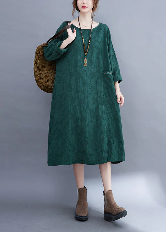 Fashion Green O-Neck side open Jacquard Pocket Linen Dress Long Sleeve - Image 2