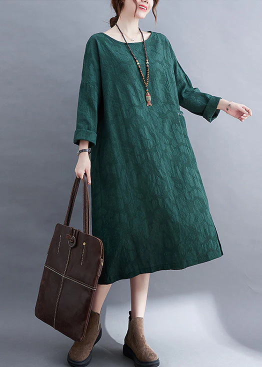 Fashion Green O-Neck side open Jacquard Pocket Linen Dress Long Sleeve - Image 5