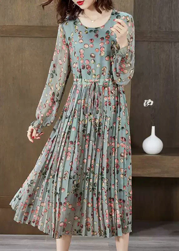 Fashion Green O-Neck tie waist wrinkled Chiffon Maxi Dresses Spring - Image 2