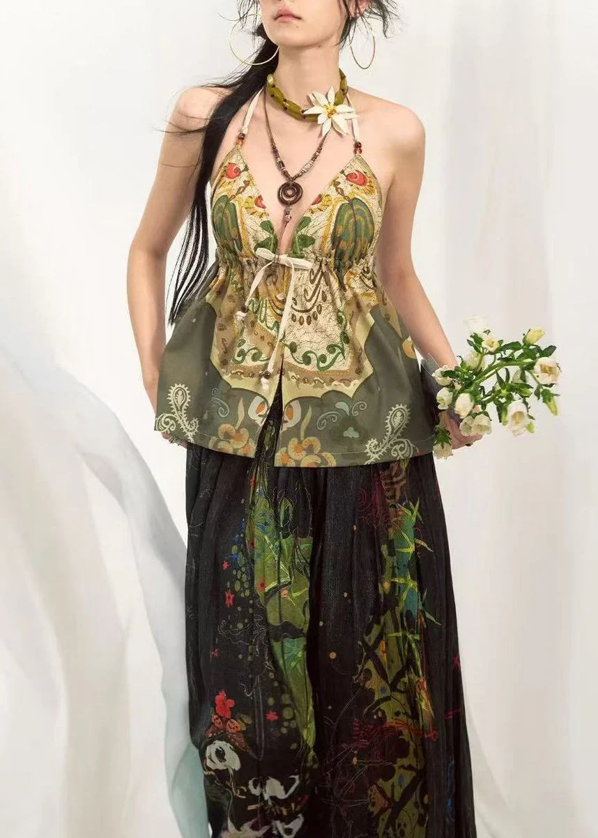 Fashion Green Oversized Print Cotton Halter Tops Summer - Image 3