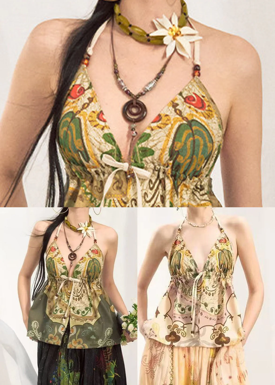 Fashion Green Oversized Print Cotton Halter Tops Summer - Image 4