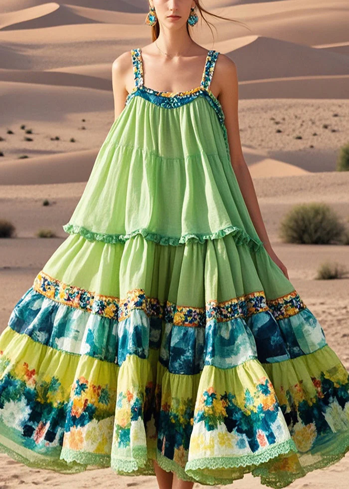 Fashion Green Oversized Print Exra Large Hem Cotton Sundress Summer - Image 3