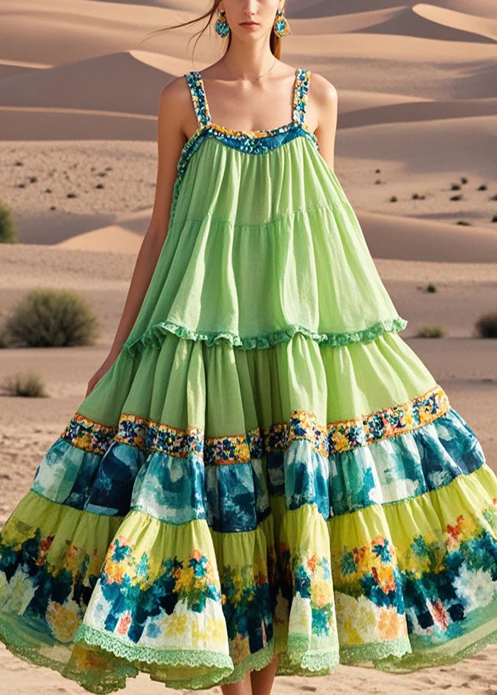 Fashion Green Oversized Print Exra Large Hem Cotton Sundress Summer - Image 5